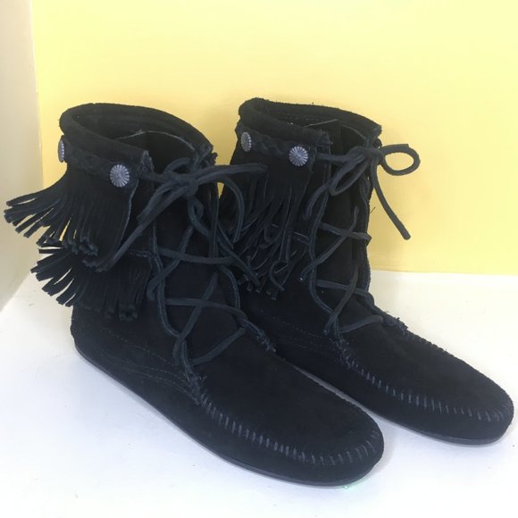 MINNETONKA Suede Double Fringe Tramper Moccasins - Picture 1 of 6